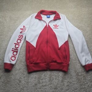 RARE ADIDAS RED/WHITE TREFOIL ZIP UP EMBROIDERED LOGO TRACK JACKET MENS SIZE S